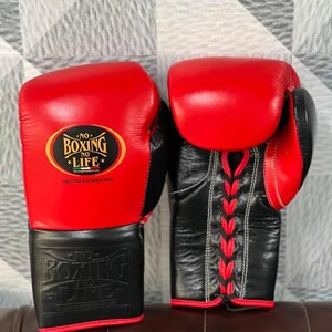 May include: Pair of red and black boxing gloves. The gloves have the text "NO BOXING NO LIFE" and "HECHO EN MEXICO" printed on them. The gloves are made of leather and have a lace-up closure.