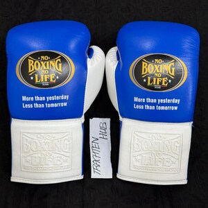May include: Pair of blue and white boxing gloves. The gloves have the text "NO BOXING NO LIFE" in a gold oval with a star. The text "More than yesterday Less than tomorrow" is below the logo. The wrist area has the same logo.