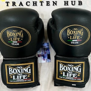 May include: Pair of black boxing gloves with gold lettering and accents. The gloves feature the text "NO BOXING NO LIFE" and "THE CHAMPIONSHIP LINE". The gloves are designed for boxing and other combat sports.