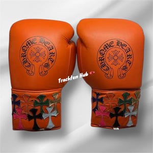 Custom Chrome Heart Leather Boxing Gloves – No Boxing No Life Premium Cowhide – Handmade Pro Training Gloves