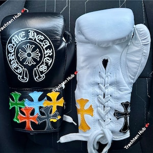 Custom Chrome Heart Leather Boxing Gloves – No Boxing No Life Premium Cowhide – Handmade Pro Training Gloves