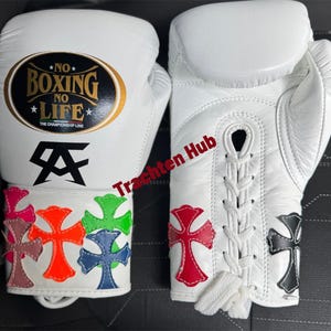 Custom Chrome Heart Leather Boxing Gloves – No Boxing No Life Premium Cowhide – Handmade Pro Training Gloves