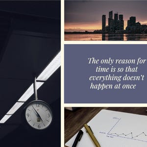 May include: A black and white clock with a white face and black hands hanging from a ceiling. The clock is set to 12:00. The only reason for time is so that everything doesn't happen at once.