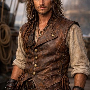 Op de afbeelding: Een piratenkostuum met een bruin leren vest met gouden knopen, een bruine steekhoed en een beige overhemd. De piraat draagt meerdere leren armbanden en een ketting. Het kostuum is ontworpen voor een historisch of theatraal thema.