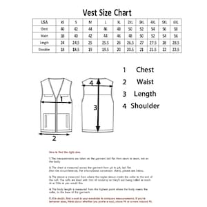 Op de afbeelding: Maattabel voor vesten met afmetingen in inches voor borst, taille, lengte en schouder. De tabel bevat maten van XS tot 6XL. Diagrammen illustreren hoe de vest gemeten moet worden.