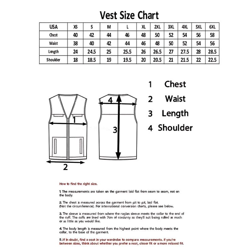 Op de afbeelding: Maattabel voor vesten met afmetingen in inches voor borst, taille, lengte en schouder. De tabel bevat maten van XS tot 6XL. Diagrammen illustreren hoe de vest gemeten moet worden.