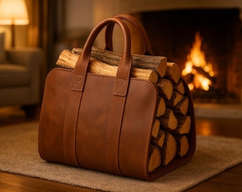 Premium Leather Firewood Carrier, Log Tote Bag for Fireplace, Wood Stove, Heavy Duty Leather Log Holder, Rustic Home & Cabin Decor Gift