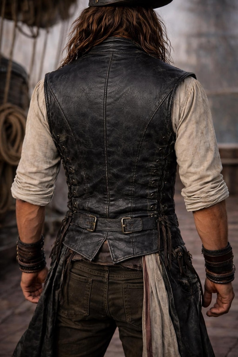 Op de afbeelding: Een zwart leren vest met een verweerde afwerking, met een veterrug en gespdetails. Het vest wordt gedragen over een lichtgekleurd overhemd en gecombineerd met een donkerbruine broek. De algehele stijl suggereert een piraten- of historisch thema.