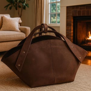 Leather Firewood Carrier Tote, Fireplace Log Holder Basket, Rustic Home Decor, Heavy Duty Wood Storage, Handmade Leather Gift