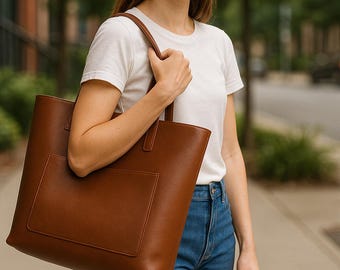 Premium Leather Tote Bag for Women, Black or Brown Shoulder Bag, Work Laptop Purse, Everyday Handbag, Handmade Gift
