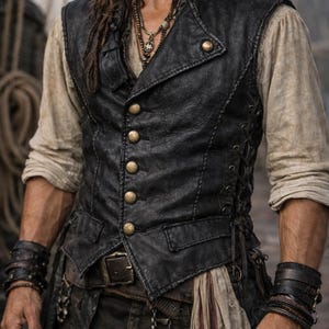 Op de afbeelding: Een zwart leren vest met gouden knopen en een veterdetail aan de zijkant. Het vest wordt gedragen over een cr&egrave;mekleurig overhemd en gecombineerd met een donkere broek en een riem. De look wordt gecompleteerd met meerdere armbanden en kettingen, wat een robuuste, vintage esthetiek cre&euml;ert.