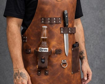 Leren barbecueschort voor heren, grill- en keukenschort, handgemaakte leren grillschort met flessenhouder, cadeau voor hem