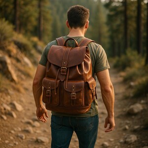 May include: A brown leather backpack with multiple pockets and a flap closure is worn by a person walking on a trail. The backpack has adjustable straps and metal buckles. The person is wearing a green shirt and blue jeans.