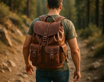Handgemaakte volnerf lederen wandelrugzak, rustieke reisrugzak, zwart-bruine buitentas, vintage leren dagrugzak, avontuurlijk cadeau
