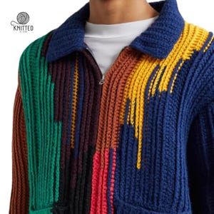 Handcrafted Granny Cardigan, Colorful Crochet Sweater, Men&#39;s Patchwork Knitwear, Boho Style, Gift for Him, Handmade Knitted Zip-Up Cardigan