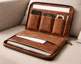 Funda tipo portafolio de cuero para portátil, organizador de documentos A4, portafolio para viajes de negocios, accesorios para viajes de negocios, bolso para portátil, regalo para él o ella.