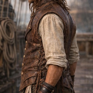 Op de afbeelding: Een bruin leren vest met gouden knopen en een veterrug, gedragen over een cr&egrave;mekleurig shirt met lange mouwen. De outfit bevat een bruine leren manchetarmband en een bruine hoed, die een piratenthema oproepen.