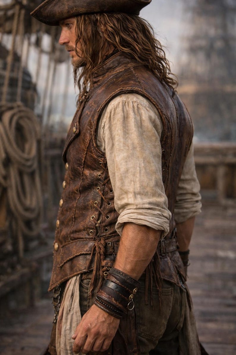 Op de afbeelding: Een bruin leren vest met gouden knopen en een veterrug, gedragen over een cr&egrave;mekleurig shirt met lange mouwen. De outfit bevat een bruine leren manchetarmband en een bruine hoed, die een piratenthema oproepen.