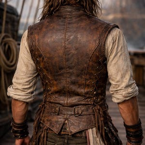 Op de afbeelding: Een bruin leren vest met een distressed afwerking, met ingewikkelde stiksels en een riem. Het vest wordt gedragen over een cr&egrave;mekleurig overhemd en de persoon draagt een bruine steekhoed. Het thema is piraten- of historische kostuums.