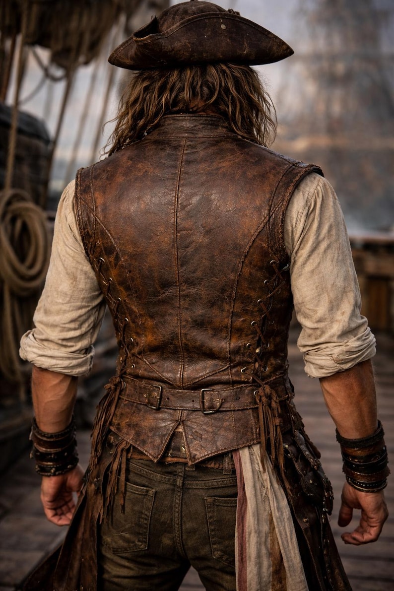 Op de afbeelding: Een bruin leren vest met een distressed afwerking, met ingewikkelde stiksels en een riem. Het vest wordt gedragen over een cr&egrave;mekleurig overhemd en de persoon draagt een bruine steekhoed. Het thema is piraten- of historische kostuums.