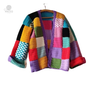 Crochet Sweater, patchwork Cardigan, Colorful Boho Granny Square Sweater, Chunky Knit Jacket, Retro Cardigan for Women, gift for her