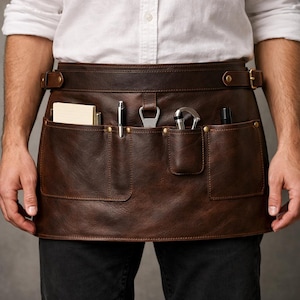 May include: A brown leather waist apron with multiple pockets, a buckle closure, and brass rivets. The apron is filled with bar tools, including a bottle opener and pens. The apron is worn over a white shirt and black pants.
