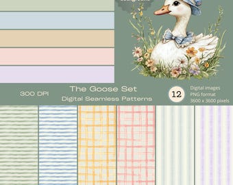 May include: Digital seamless patterns set, "The Goose Set", featuring a watercolor illustration of a goose wearing a hat and bow. Includes 12 digital images in PNG format, 3600 x 3600 pixels, with a transparent background. The set also includes various pastel color swatches.