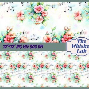 以下が含まれることがあります： ピンクの花、緑の葉、音符が描かれた水彩画のフローラルデザイン。明るい背景です。「12*12」JPG FILE 300 DPI」というテキストと「The Whisker Lab」というロゴが含まれています。