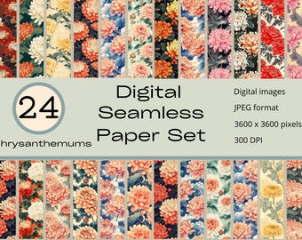 Descarga de patrones digitales sin costuras de crisantemos, motivos gráficos florales, juego de papel de diseño multiusos, archivos de fondo para ilustraciones unisex