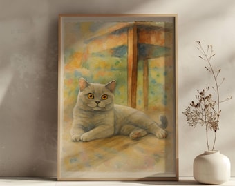 Póster de gato británico de pelo corto, retrato de mascota en acuarela imprimible, arte de pared acogedor para gatos, descarga digital de felino moderno imprimible