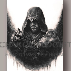May include: A black and white drawing of a hooded figure with a beard, wearing a fur-lined cloak and holding a hidden blade. The drawing is done in charcoal and has a dramatic, shadowy effect.