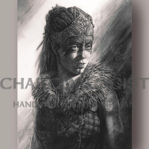May include: A black and white pencil drawing of a woman with a fierce expression. She is wearing a fur-lined garment and a crown. The drawing is done in a realistic style.