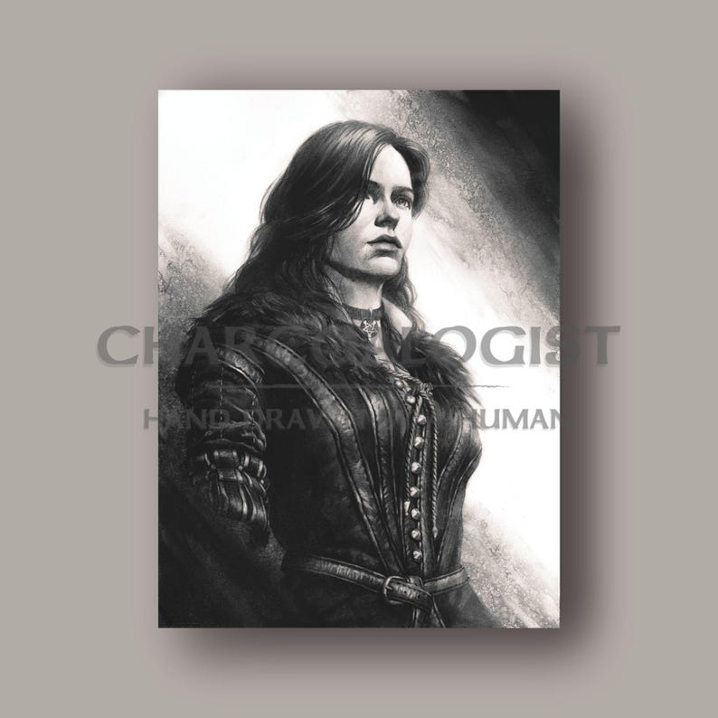 May include: Black and white illustration of a woman with long dark hair wearing a leather jacket and a dark dress. She is looking up and to the right.