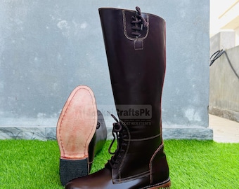 Handmade Tall Leather Riding Boots: Vintage Equestrian Lace-Up