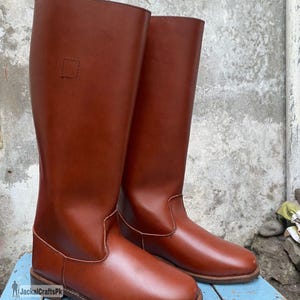 Handgemaakte lange leren bruine laarzen, leren laarzen met leren zool, paardrijlaarzen, lange legerlaarzen, modieuze laarzen voor heren en dames.