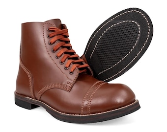 Handmade Brown Leather Combat Boots: Vintage Style Lace-Up Ankle Boots