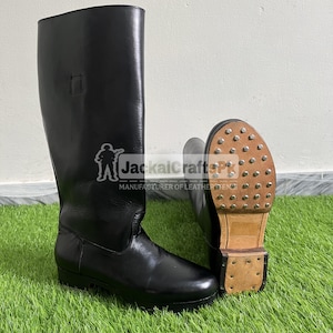 Handmade German Black Leather Horse Riding Officer Boots with Hobnail Sole, Unisex Equestrian Cavalry-Style, Military Reenactment Footwear