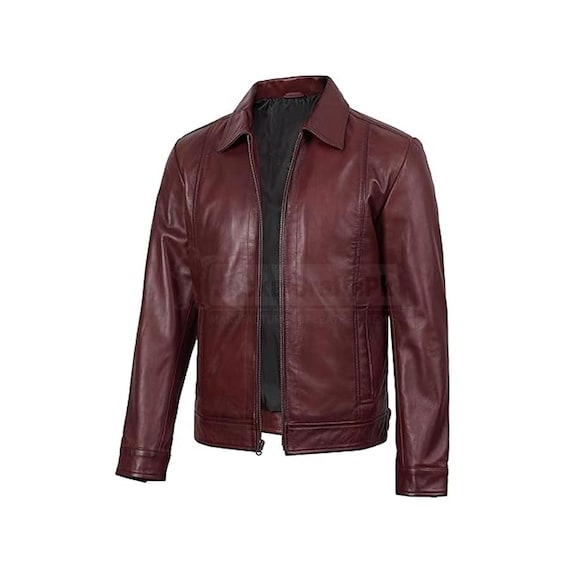 Men's Burgundy Leather Jacket: Classic Slim Fit, Biker Style