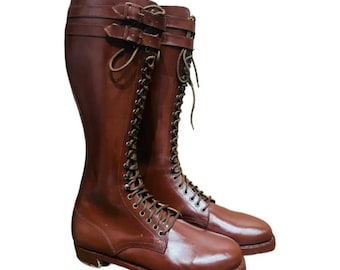 Handmade Brown Leather Tall Lace-Up Boots with Double Buckle – Vintage Riding & Military Style