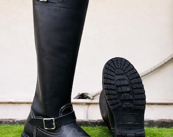 Men's Handmade Black Leather Knee-High Biker Boots | Buckle Strap, Rubber Sole