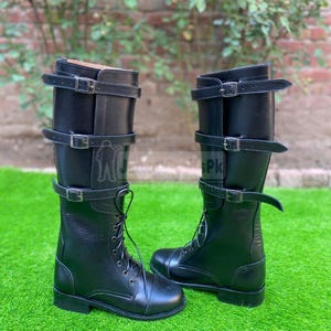 Handmade Black Leather Knee High Boots: Gothic Military Style