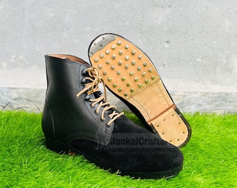 Handmade Black Leather & Suede Trench Boots – Studded Sole, Vintage Military Style
