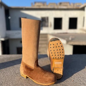 Men's Tan Suede Leather Pull-On Mid-Calf Boots | Minimalist Winter Footwear