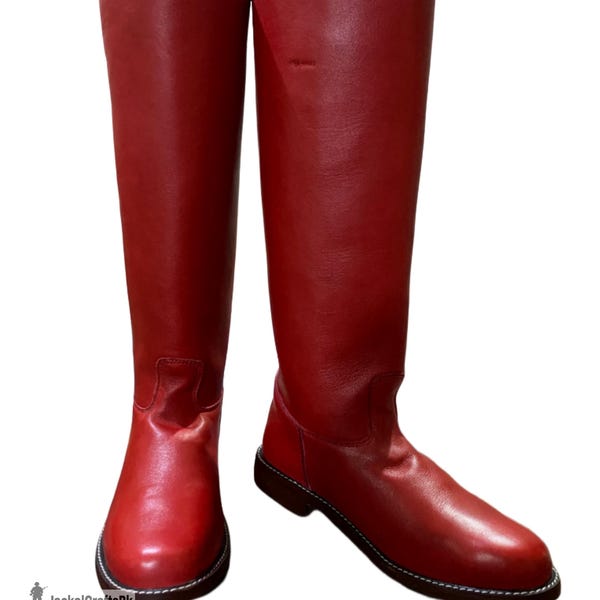 Ręcznie robione niemieckie czerwone skórzane kozaki do kolan: kostium cosplay w stylu vintage