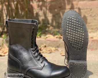 Botas de combate de cuero negro hechas a mano: botas militares tácticas con cordones