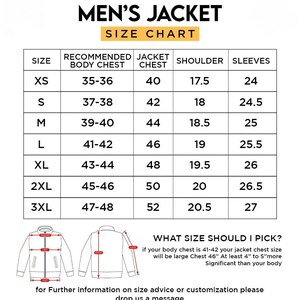 Puede incluir: Tabla de tallas de chaquetas para hombre, con medidas en pulgadas. La tabla incluye tallas de XS a 3XL, con medidas de pecho, chaqueta, hombro y manga. El texto ofrece consejos para elegir la talla correcta.