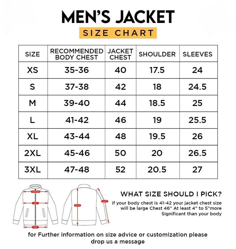 Puede incluir: Tabla de tallas de chaquetas para hombre, con medidas en pulgadas. La tabla incluye tallas de XS a 3XL, con medidas de pecho, chaqueta, hombro y manga. El texto ofrece consejos para elegir la talla correcta.