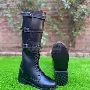 Handgefertigte schwarze Leder Kniehohe Stiefel: Gothic Militärischen Stil