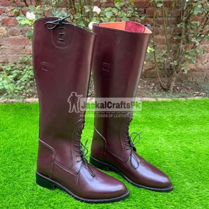 Handmade Burgundy Leather Riding Boots: Tall Lace-Up Equestrian Field Boots