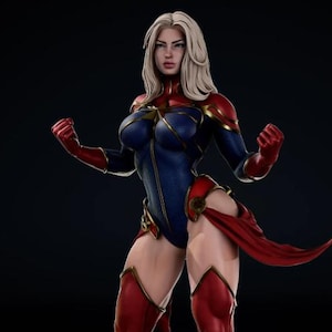 以下が含まれることがあります： 赤い、青い、そして金の衣装を着たスーパーヒーローのフィギュア。赤いマントがなびいている。フィギュアは、金の星がついた黒い台座の上に立っている。